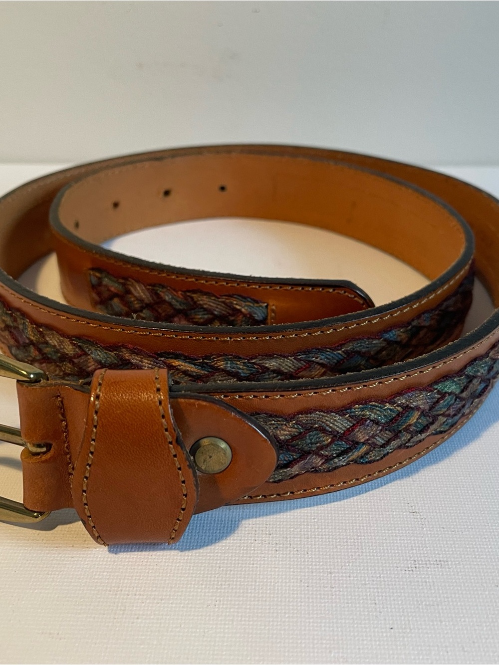 Brown Leather Braided Accent Womenโs belt-Made in Italy ๐ฎ๐น size 34-Boho